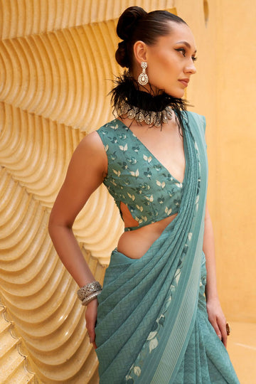 Teal Mint Georgette Printed Saree