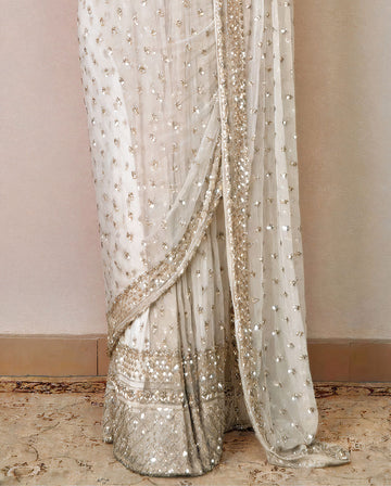 Off White Embroidered Net Designer Saree