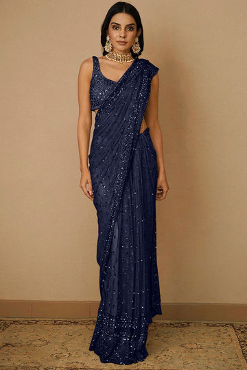 Navy Blue Embroidered Net Designer Saree