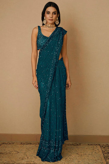 Teal Blue Embroidered Net Designer Saree