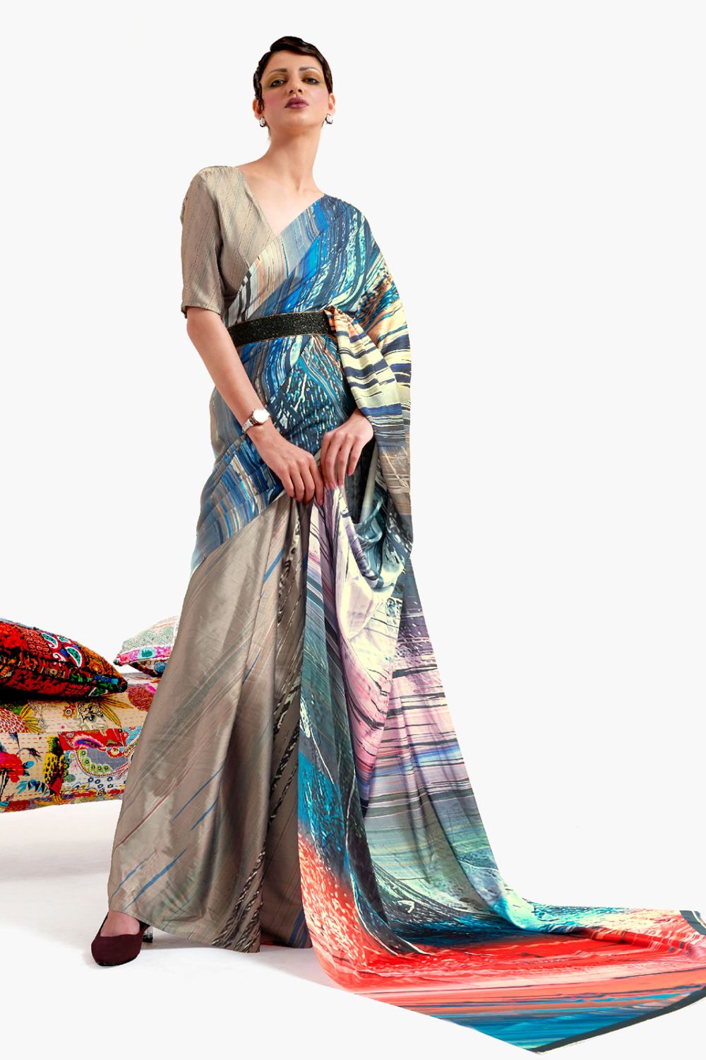 Multicolor Digital Print Satin Crepe Saree for Party