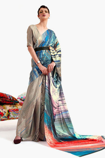Multicolor Digital Print Satin Crepe Saree for Party