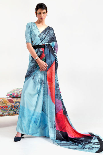 Multicolor Digital Print Satin Crepe Saree for Party