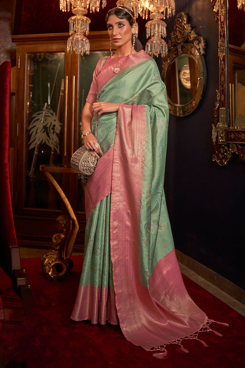 Turquoise Zari Handloom Silk Woven Saree