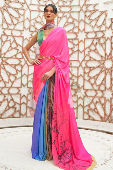 Multicolor Digital Printed Pure Silk Crepe Party Wear Saree
