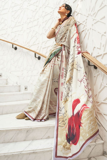 Ivory Digital Printed Pure Silk Crepe Party Wear Saree