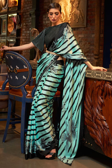 Mint Blue Digital Printed Crepe Party Wear Saree