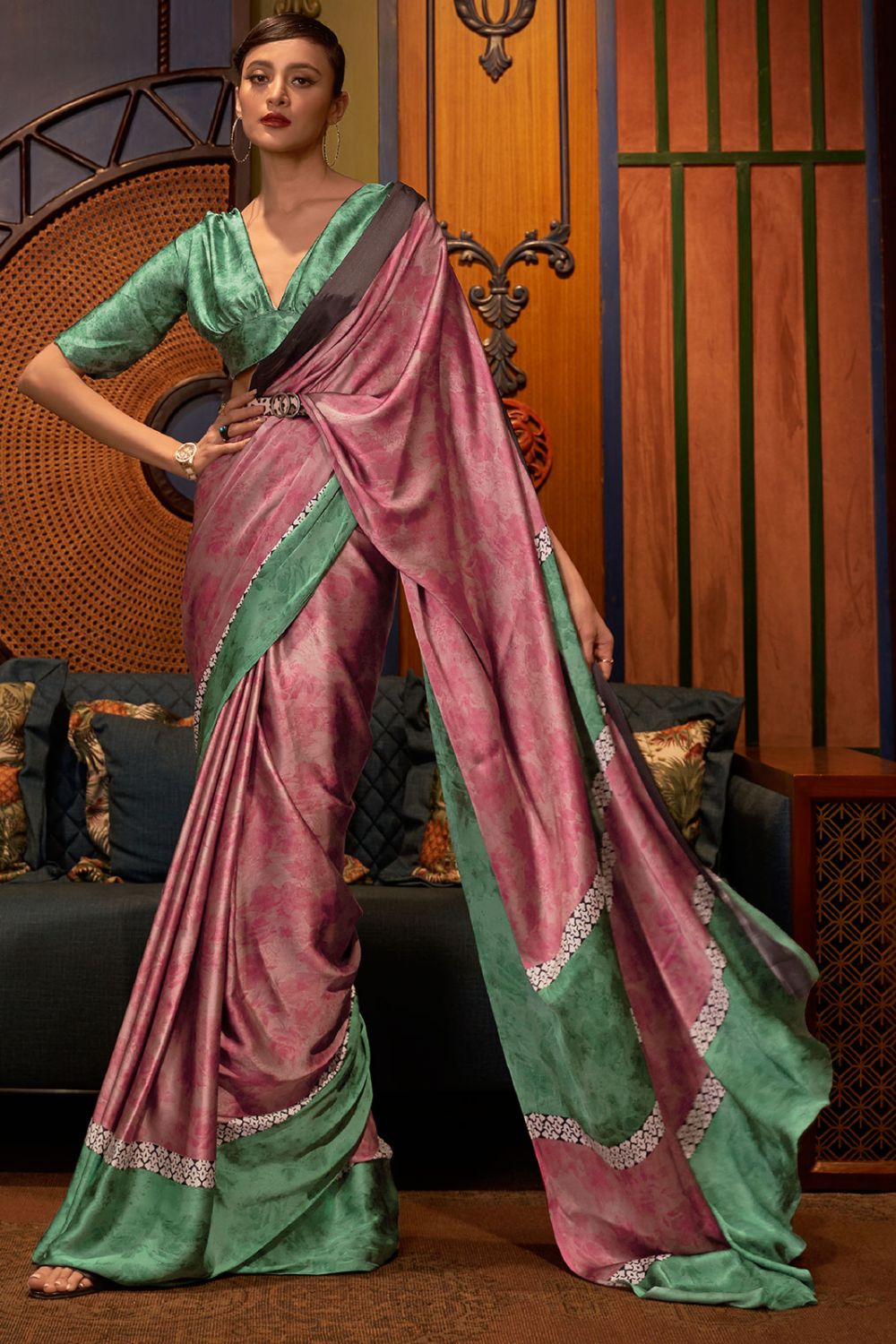 Mauve Pink Digital Printed Crepe Party Wear Saree