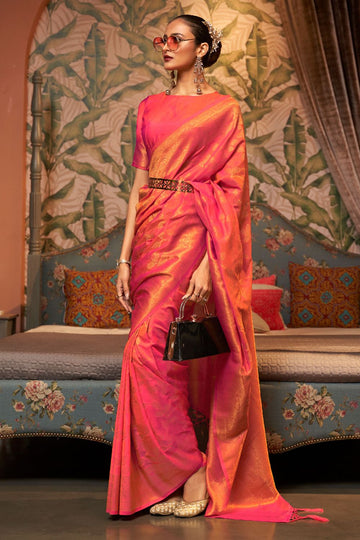 Hot Pink Woven Chinnon Silk Saree for Party