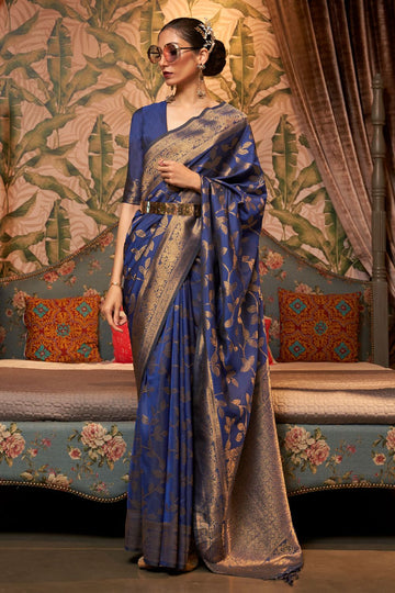 Navy Blue Woven Chinnon Silk Saree for Party
