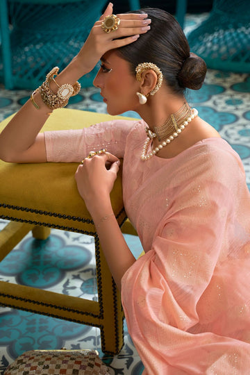 Peach Chikankari Chanderi Silk Woven Saree for Festival
