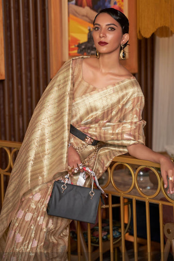 Khaki Brown Handloom Weaving Linen Party Wear Saree