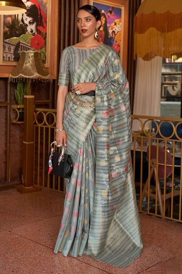 Steel Grey Handloom Weaving Linen Party Wear Saree