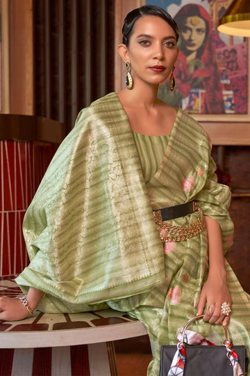 Olive Green Handloom Weaving Linen Party Wear Saree