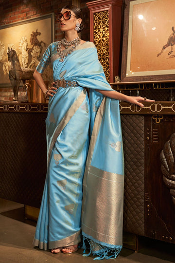 Sky Blue Handloom Weaving Silk Party Wear Saree