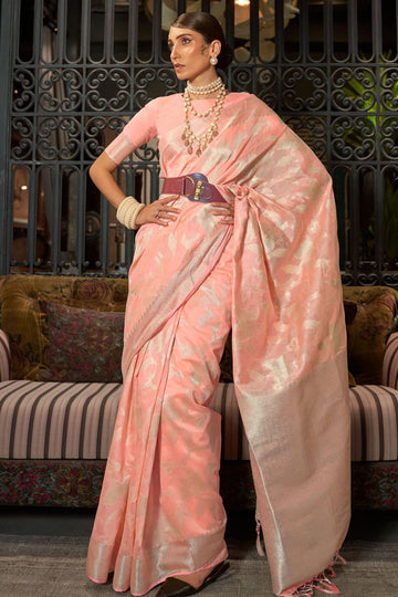 Peach Pure Handloom Weaving Silk Party Wear Saree