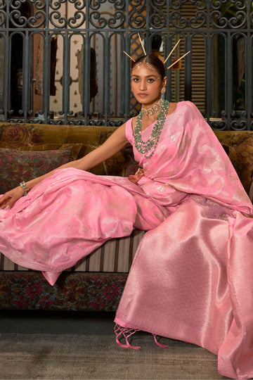 Cherry Pink Pure Handloom Weaving Silk Party Wear Saree