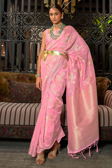 Cherry Pink Pure Handloom Weaving Silk Party Wear Saree