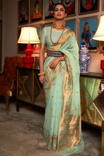 Ice Mint Zari Weaving Handloom Silk Saree