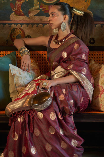 Garnet Woven Pure Satin Tanchoi Saree for Festival