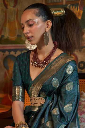 Peacock Green Woven Pure Satin Tanchoi Saree for Festival