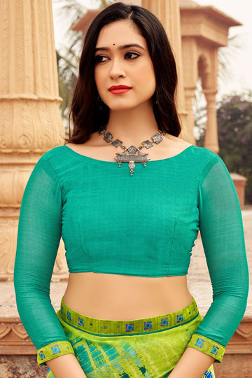 Lime Green Digital Print Chiffon Saree