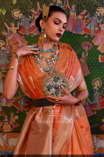 Orange Handloom Weaving Organza Party Wear Saree