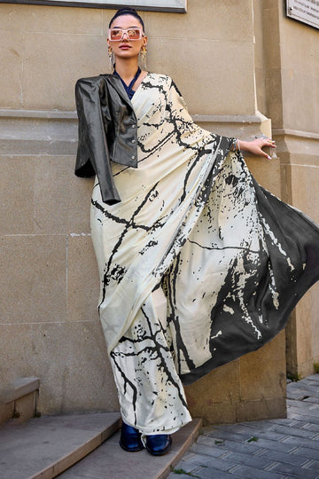 Off White Digital Printed Satin Crepe Casual Wear Saree