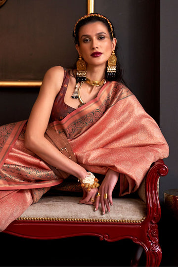 Light Orange Handloom Zari Woven Saree for Festival