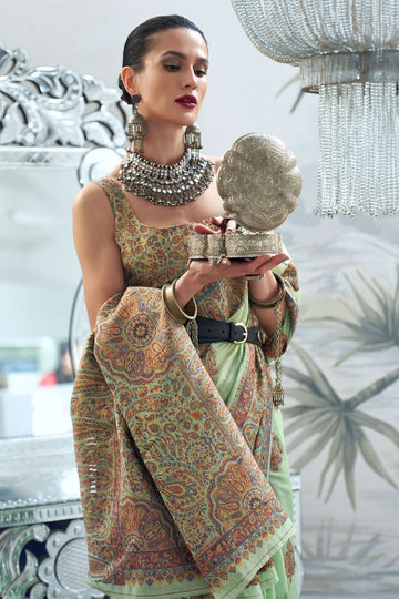 Pistachio Green Kashmiri Handloom Weaving Festival Wear Saree