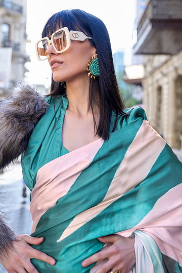 Off White Satin Crepe Printed Party Wear Saree