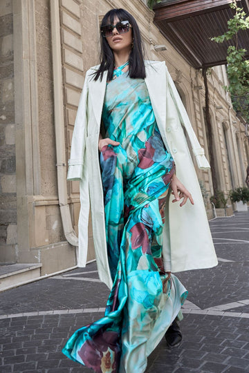 Turquoise Satin Crepe Printed Party Wear Saree