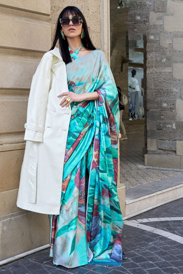 Turquoise Satin Crepe Printed Party Wear Saree