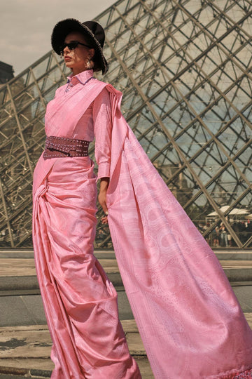 Rose Pink Handloom Woven Silk Party Wear Saree