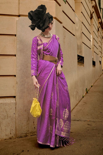 Magenta Zari Woven Satin Party Wear Saree