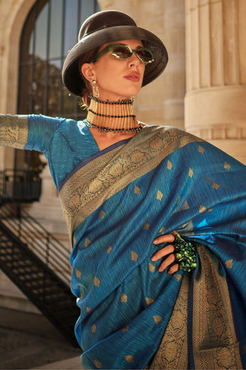 Peacock Blue Handloom Spun Silk Woven Saree for Party