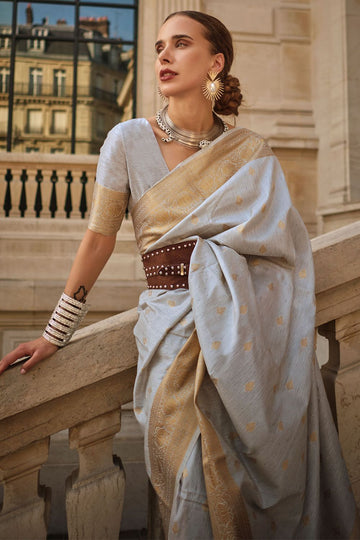 Pearl Grey Handloom Spun Silk Woven Saree for Party