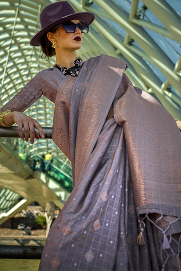 Stone Grey Handloom Weaving Katan Silk Saree for Festival