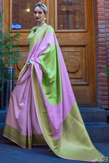 Lilac Pink and Pistachio Green Handloom Weaving Silk Saree for Party