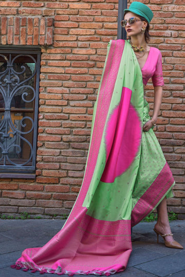 Mint Green and Rani Pink Handloom Weaving Silk Saree for Party