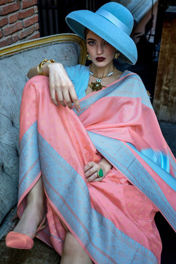 Coral Pink and Sky Blue Handloom Weaving Silk Saree for Party