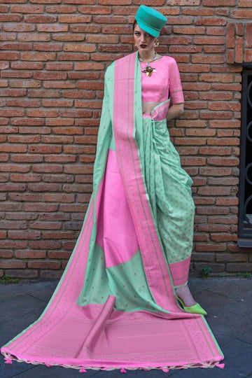 Mint Green and Cherry Pink Handloom Weaving Silk Saree for Party
