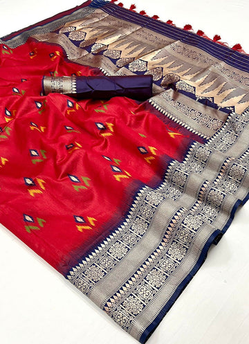 Hot Red Hand Woven Contrast Pallu Border Silk Saree for Festival