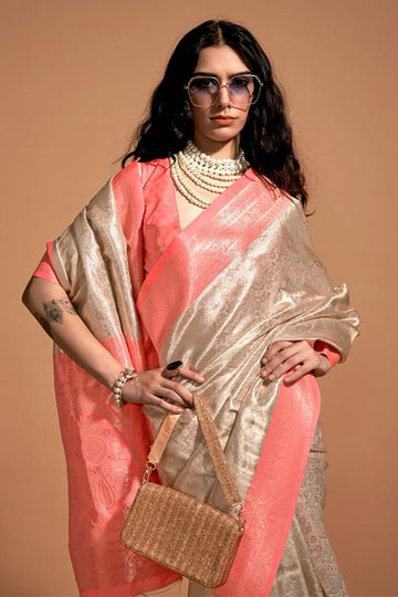 Beige Kanjivaram Silk Hand Woven Saree for Festival