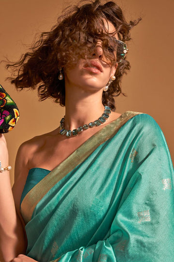 Turquoise Handloom Weaving Silk Saree for Party