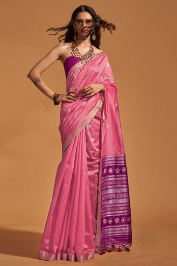 Cherry Pink Handloom Weaving Silk Saree for Party