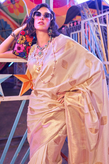 Off White Handloom Weaving Silk Saree for Party