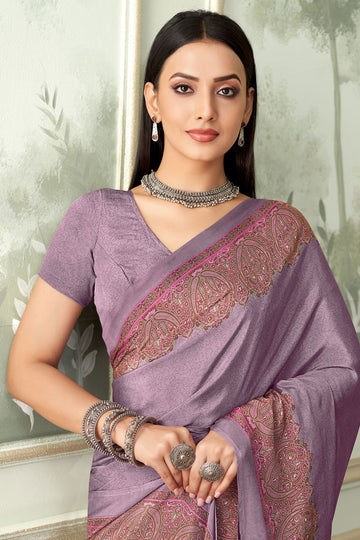 Mauve Silk Crepe Saree with Digital Print