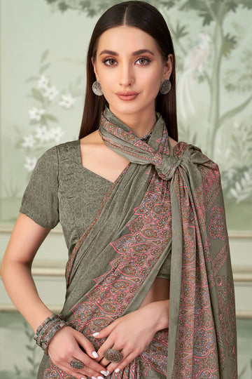 Sage Grey Silk Crepe Saree with Digital Print
