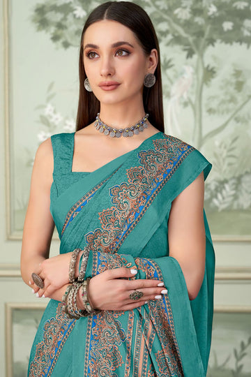 Firozi Silk Crepe Saree with Digital Print